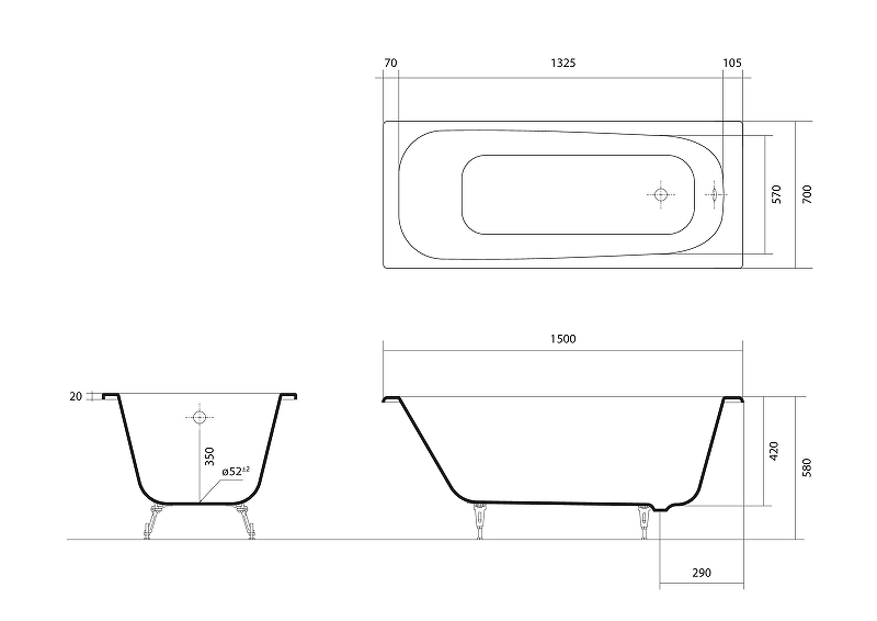 Чугунная ванна Aquatek Сигма 150x70 AQ8850F-00 без антискользящего покрытия от магазина gidro-z