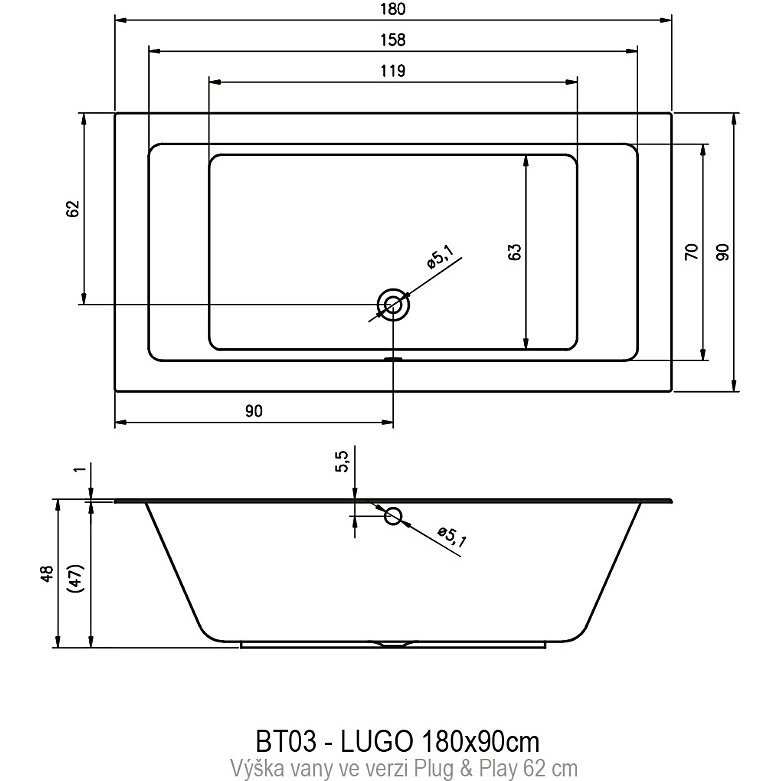 Акриловая ванна RIHO LUGO 180x90 RIGHT - PLUG &amp; PLAY, BD6500500000000, 900х455х620, белый от магазина gidro-z