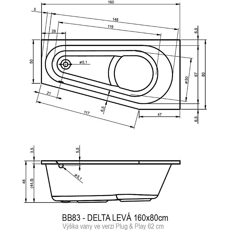 Акриловая ванна RIHO DELTA 160 LEFT - PLUG &amp; PLAY, BD4300500000000, 800х460х620, белый от магазина gidro-z