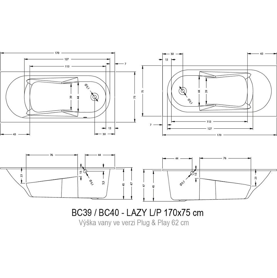 Акриловая ванна RIHO Lazy 170x75 LEFT - PLUG &amp; PLAY, BD8000500000000, 750х450х620, белый от магазина gidro-z