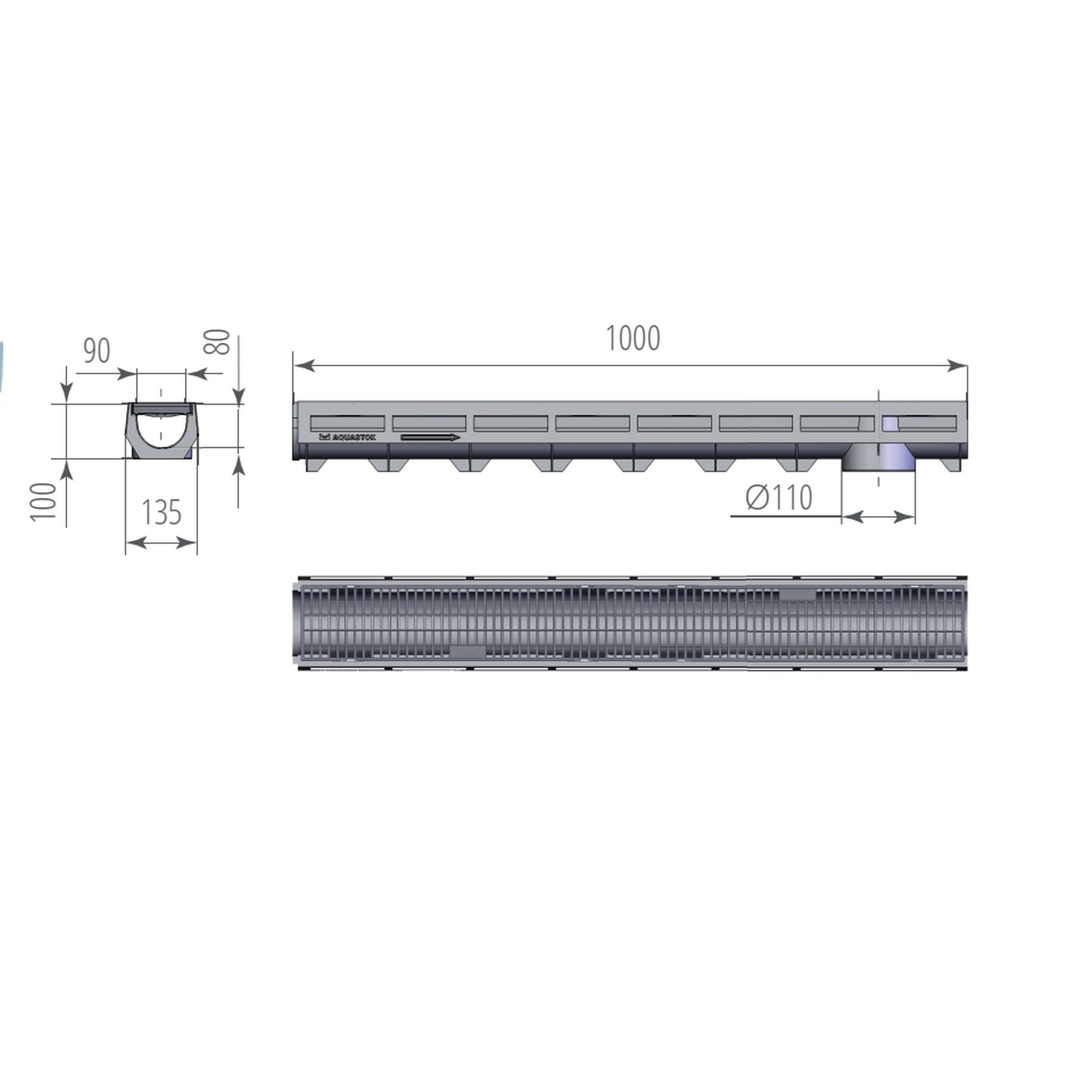 Лоток AQUA-TOP DN90 H100 А15 1000*135*100 с пластиковой решеткой (комплект) (1092) от магазина gidro-z