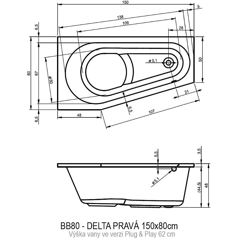 Акриловая ванна RIHO DELTA 150 RIGHT - PLUG &amp; PLAY, BD4000500000000, 800х460х620, белый от магазина gidro-z