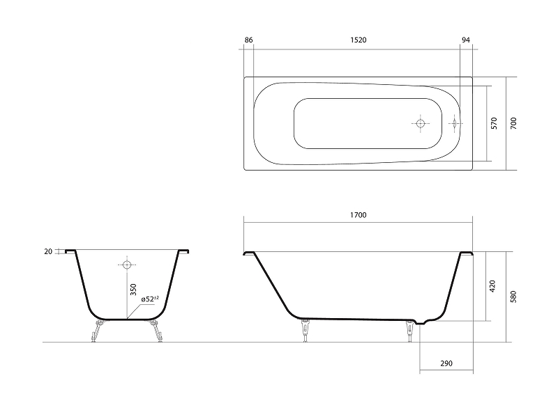 Чугунная ванна Aquatek Сигма 170x70 AQ8870F-00 без антискользящего покрытия от магазина gidro-z