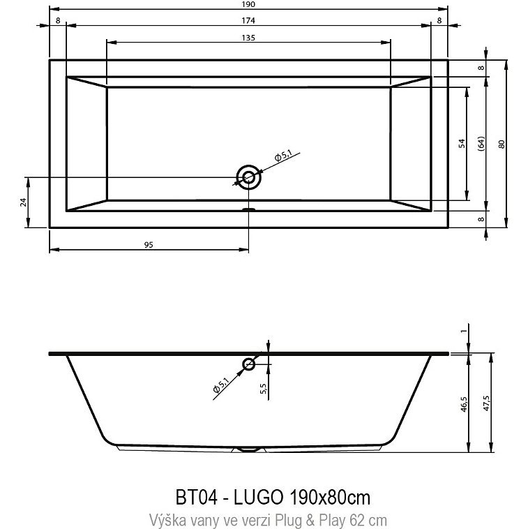 Акриловая ванна RIHO LUGO 190x80 LEFT - PLUG &amp; PLAY, BD6800500000000, 800х455х620, белый от магазина gidro-z