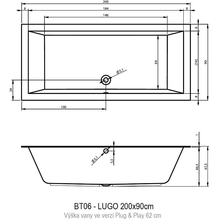 Акриловая ванна RIHO LUGO 200x90 LEFT - PLUG&PLAY, BD7200500000000, 900х455х620, белый от магазина gidro-z