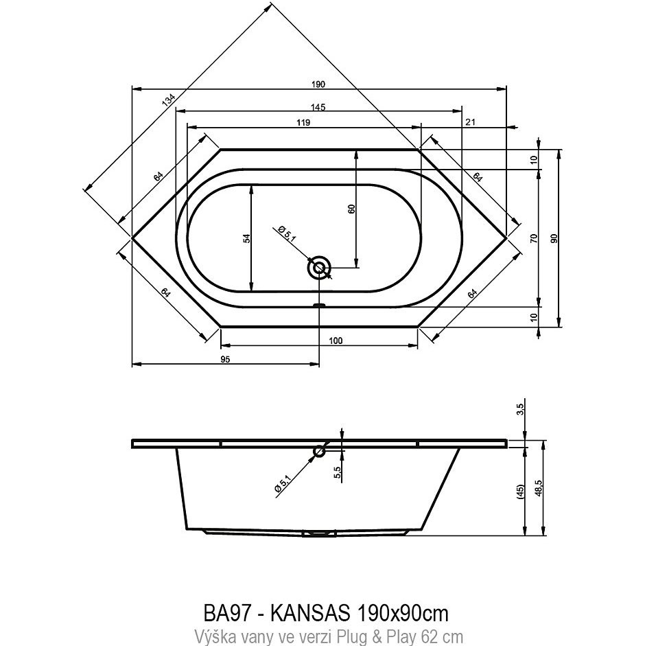 Акриловая ванна RIHO KANSAS - PLUG &amp; PLAY, BD5000500000000, 900х465х620, белый от магазина gidro-z