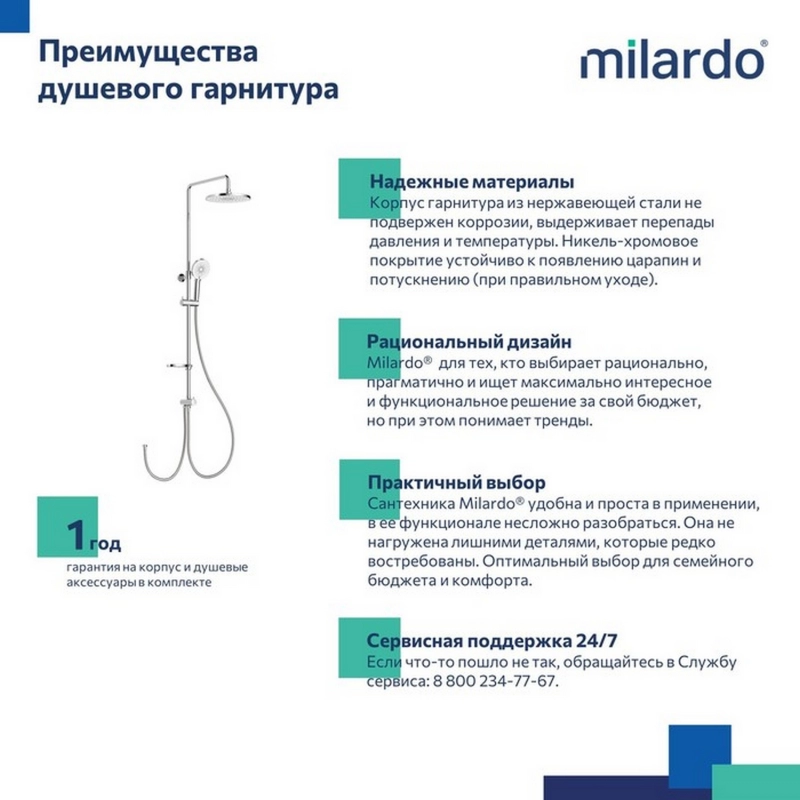 Душевой гарнитур Milardo ILSSB3FM76 Ideal Spa 819-1139 мм ХРОМ от магазина gidro-z