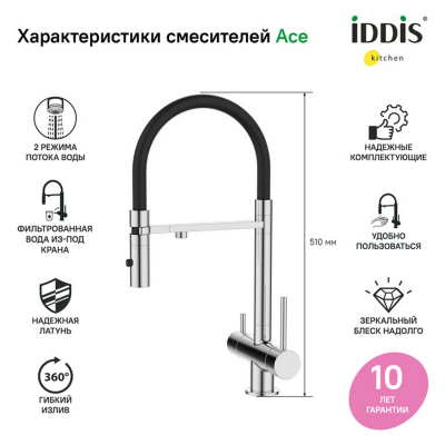 Смеситель для кухни 35к IDDIS ACESBFFi05 Ace высокий, 3 в1, вых. для пит. фильтра, душ ХРОМ от магазина gidro-z