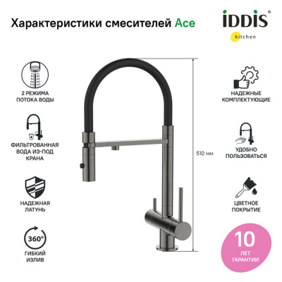 Смеситель для кухни 35к IDDIS ACEGMFFi05 Ace высокий, 3 в1, вых. для пит. фильтра, душ ГРАФИТ от магазина gidro-z