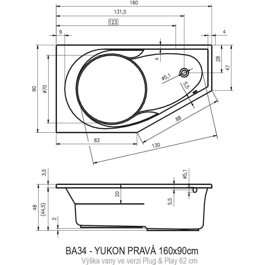 Акриловая ванна RIHO YUKON RIGHT ** - PLUG&PLAY, BD7400500000000, 900х460х620, белый от магазина gidro-z
