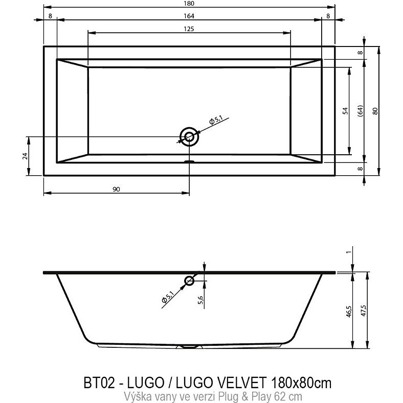 Акриловая ванна RIHO LUGO 180x80 LEFT - PLUG&PLAY, BD6400500000000, 800х455х620, белый от магазина gidro-z