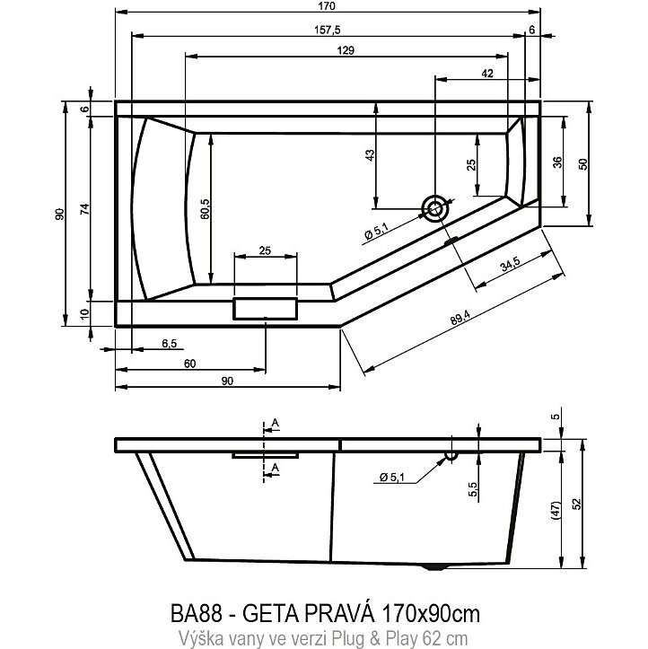 Акриловая ванна RIHO GETA 170x90 R - PLUG &amp; PLAY, BD4800500000000, 900х500х620, белый от магазина gidro-z