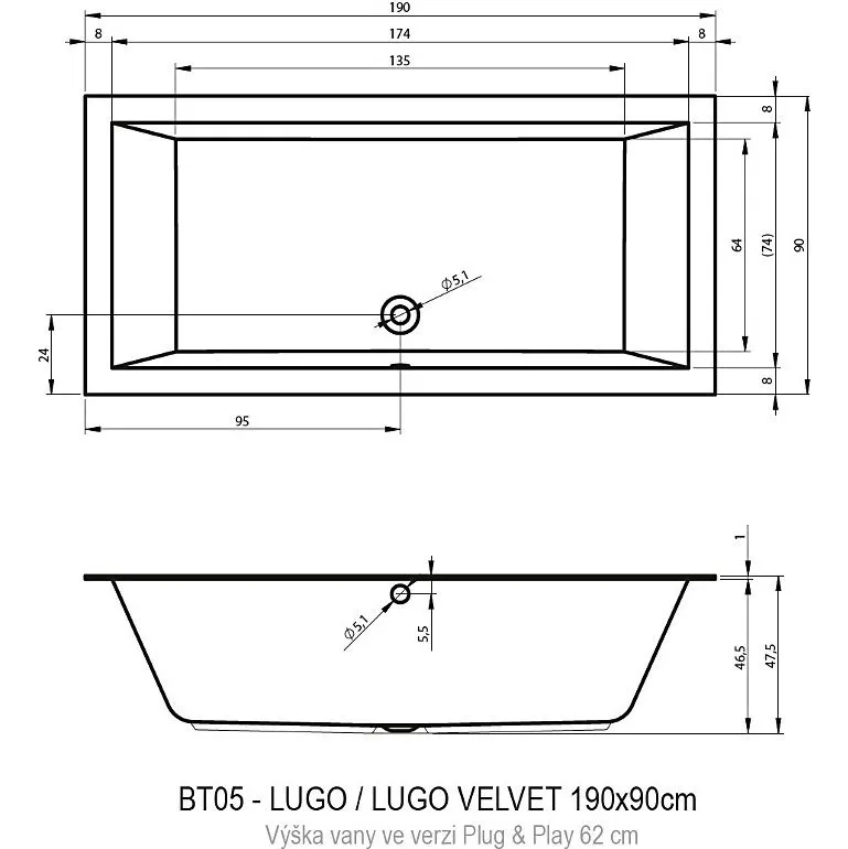 Акриловая ванна RIHO LUGO 190x90 LEFT - PLUG&PLAY, BD7000500000000, 900х455х620, белый от магазина gidro-z